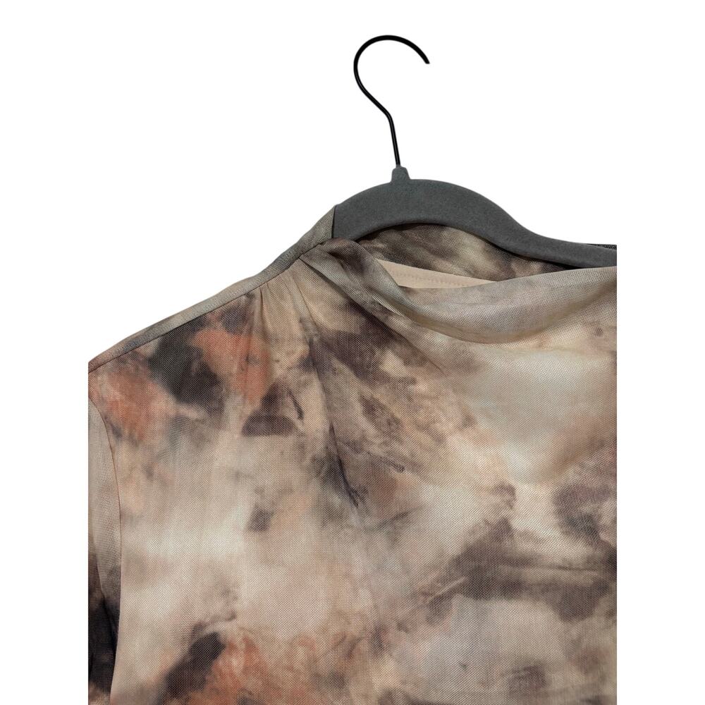 Commense Mesh Ruched Mini Dress Women’s M Brown Abstract Print Long Sleeve NWT - Picture 6 of 10
